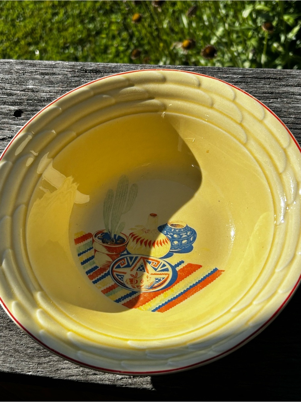 Vintage Yellow Ceramic Decorative Bowl Southwestern Motif embossed basketweave